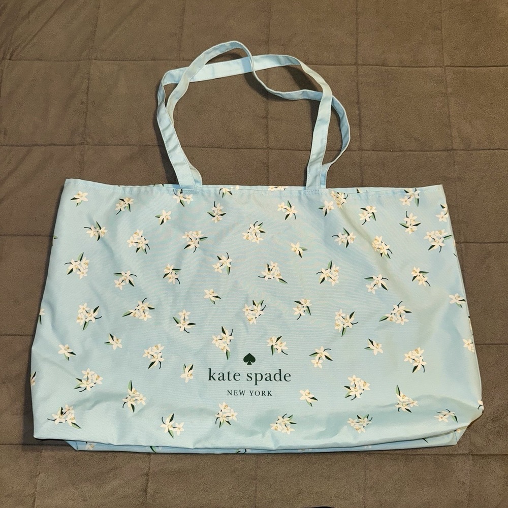 Kate Spade New York Large Blue Floral Canvas Tote Bag Orange Blossom Reusable